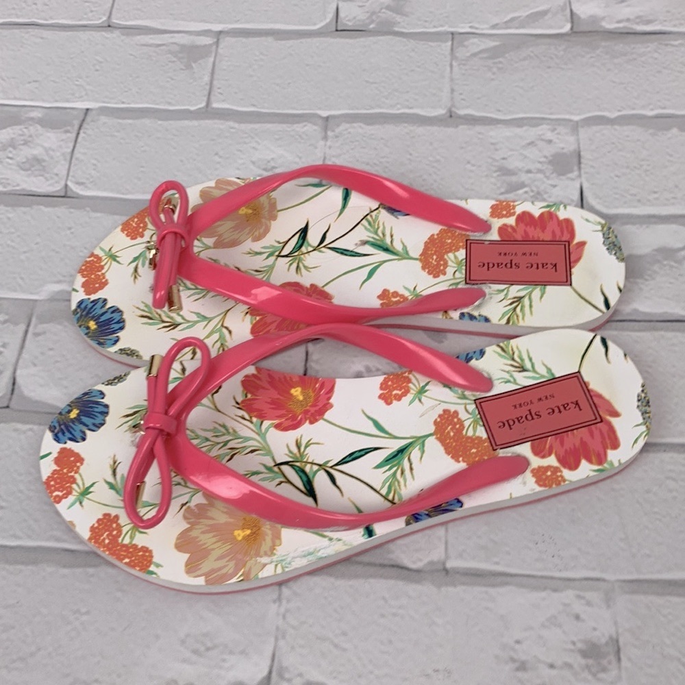 Kate Spade flip Flop Bow Floral Sandals Size 5-6 Pink white - Picture 4 of 11